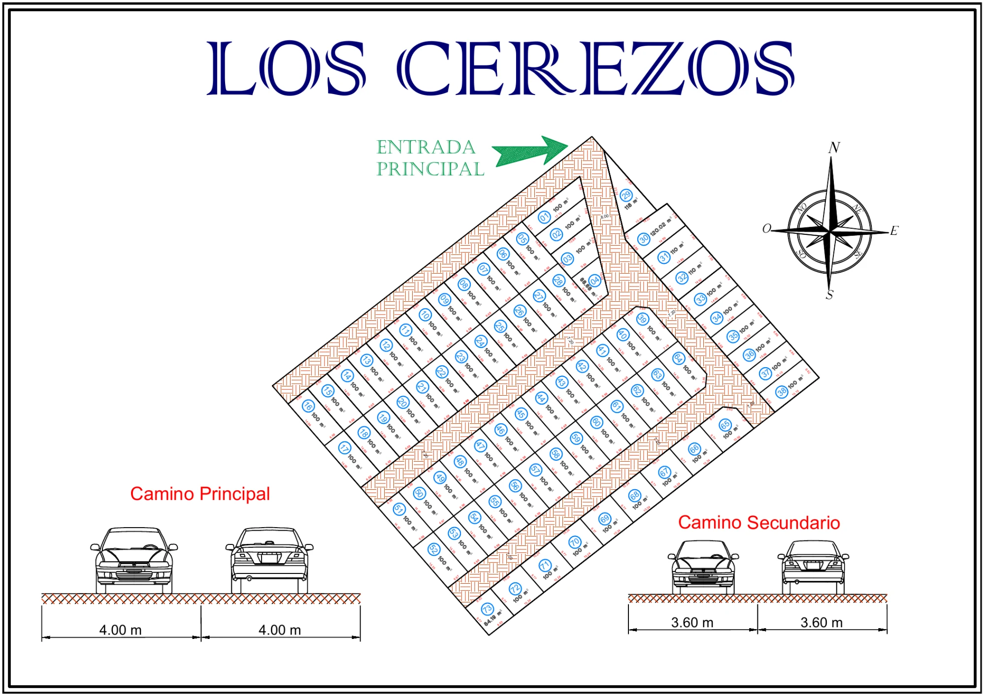 Plano general de Valle Los Cerezos con 73 lotes y vías internas