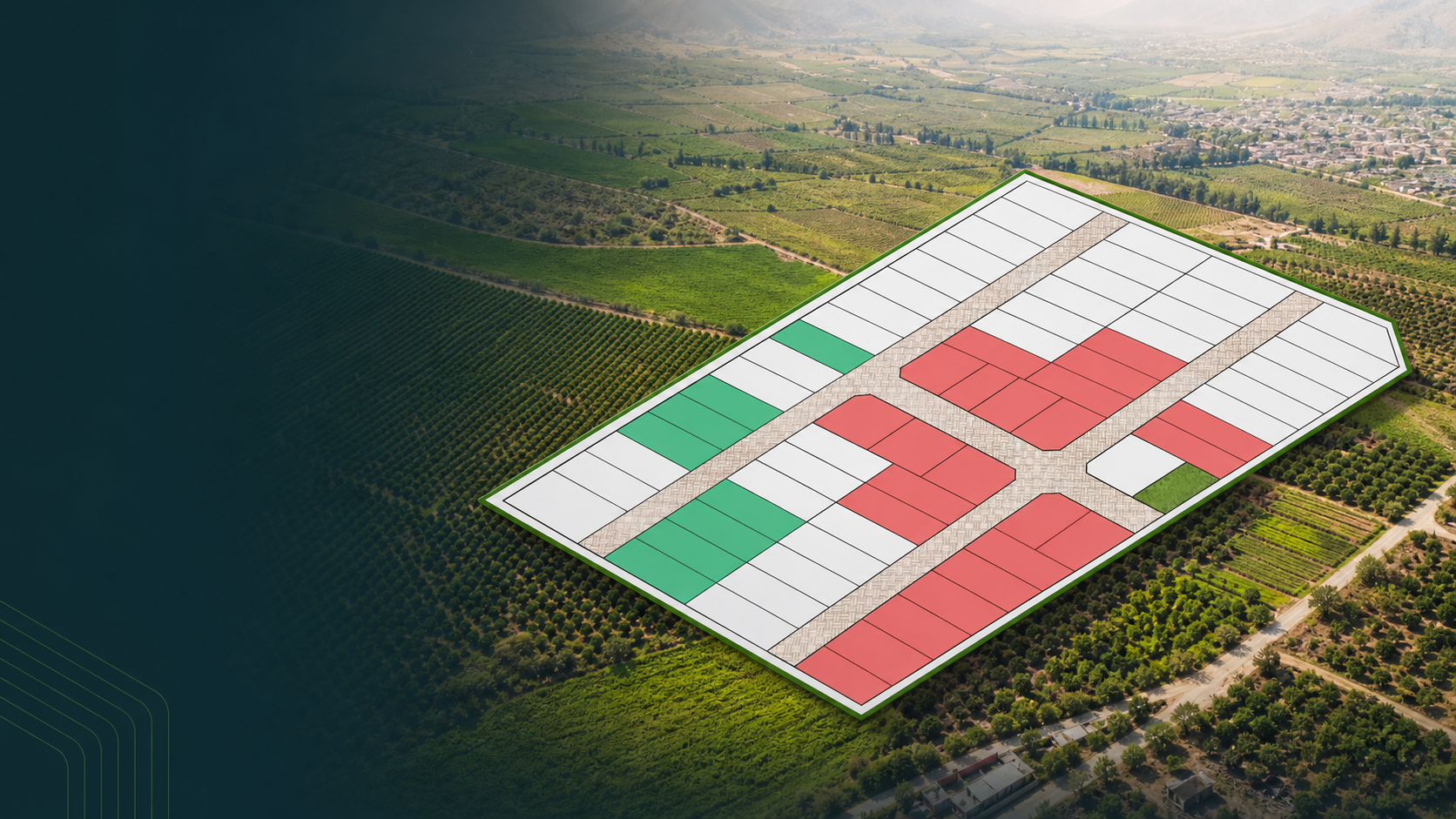 Vista aérea adaptada del entorno agrícola real de Country Caqui